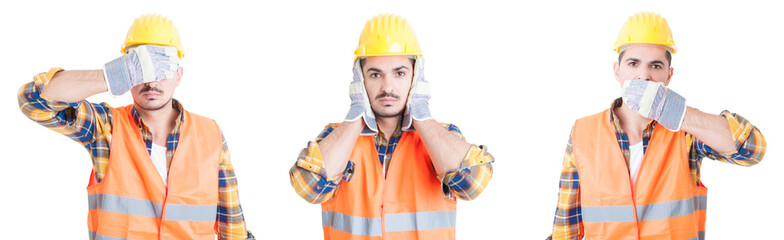 See, hear, speak no evil concept with handsome engineer