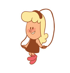 Vector color cartoon image of a cute little girl. Little girl with blonde hair. Little girl is jumping with a skipping rope on a white background. Color image with brown tracings. Vector little girl.
