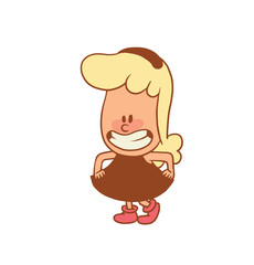 Vector color cartoon image of a cute little girl. Little girl with blonde hair. Little girl is making a curtsy on a white background. Color image with brown tracings. Vector cartoon little girl.