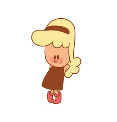 Vector color cartoon image of a cute little girl. Little girl with blonde hair. Little girl is standing modestly on a white background. Color image with brown tracings. Vector cartoon little girl.
