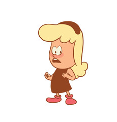 Vector color cartoon image of a cute little girl. Little girl with blonde hair. Little girl is standing, looking back on a white background. Color image with brown tracings. Vector cartoon little girl