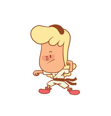 Vector color cartoon image of a cute little girl. Little girl with blonde hair. Little girl is engaged in karate on a white background. Color image with brown tracings. Vector cartoon little girl.