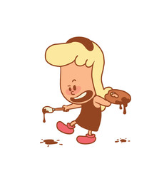 Vector color cartoon image of a cute little girl. Little girl with blonde hair. Little girl with palette and brush in hands on a white background. Color image with brown tracings. Vector little girl.