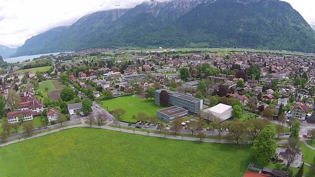 Interlaken town and Aare river, aerial view Interlaken, Switzerland.