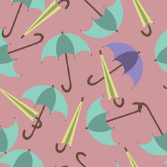 Open and closed umbrellas on a red background, seamless pattern