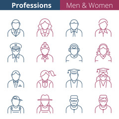Thin line people avatar icons. Male and female professions and occupations. Suitable for infographics, web, social networks. Man and woman vector avatar silhouettes.