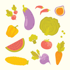 Vector cartoon fruits and vegetables set