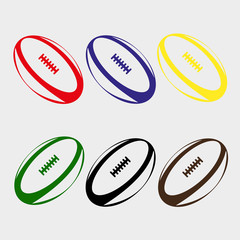 Set of balls for Rugby, American football, red, blue, yellow, green, black, brown.