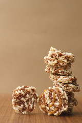rice pop isolated on wooden background