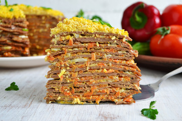 Liver cake, cake of liver pancakes stuffed with carrots