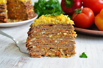 Liver cake, cake of liver pancakes stuffed with carrots