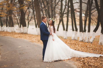 Happy wedding couple, bride and groom walking in the autumn forest, park