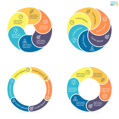 Circular infographics with rounded colored sections. 