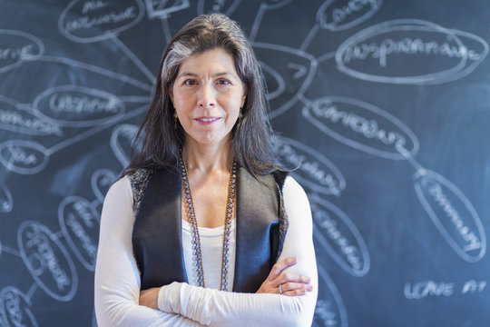 Hispanic businesswoman smiling by flow chart on blackboard