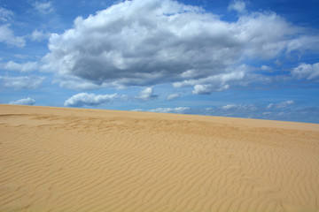 Fototapeta na wymiar Sand dune with blue sky and puffy clouds
