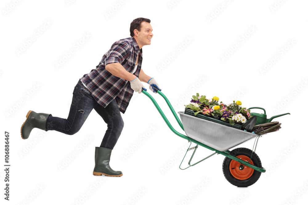 Poster gardener pushing a wheelbarrow full of flowers