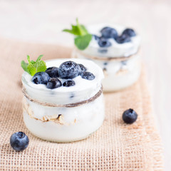 Blueberry yogurt in a glass. Frozen yogurt on rustic background. Close up.