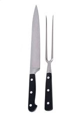 Carving knife and fork separated on white background