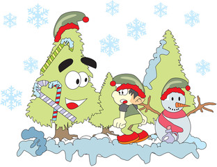vector image of a boy standing by snowman and christmas tree.
