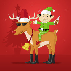 vector image of a boy sitting on reindeer with bottle.