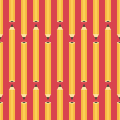 Flat design yellow pencils on red background seamless pattern.