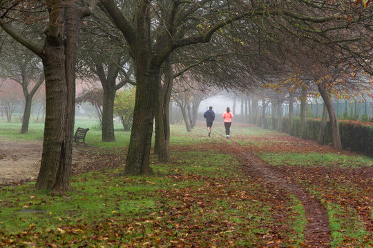  Corredores haciendo Footing en un Parque Oto&ntilde;al con Niebla - Hombre y mujer corriendo,  haciendo  deporte en un parque urbano, por un sendero lleno de hojas caidas.