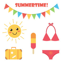 Cute and colorful flat design summer set isolated on white background.