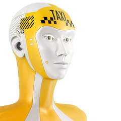 yellow cyborg with sign taxi on head