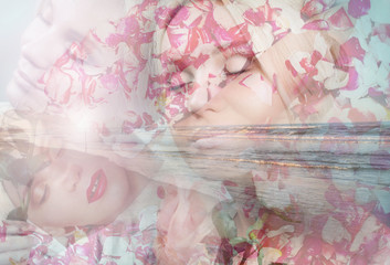 double exposure of reflection of sensual tender elegance woman