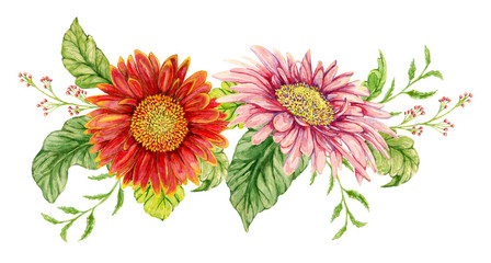 Bouquet with watercolor gerbera flower. Hand drawn illustration