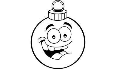 Black and white illustration of a smiling Christmas ornament.