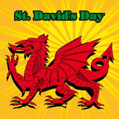 A Welsh dragon illustrated on a sunburst background with the text St Davids day