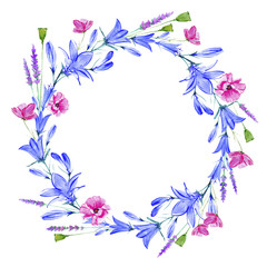 Bluebell flowers.Wreath with bluebell,herbs,lavender,poppy floral.Watercolor hand drawn illustration.