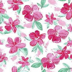 Pink flowers.Floral seamless pattern.Watercolor hand drawn illustration.White background