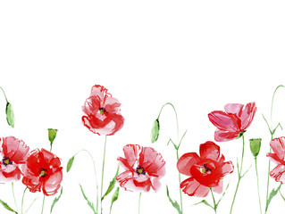Seamless border from poppy flowers.Watercolor hand drawn illustration.White background.