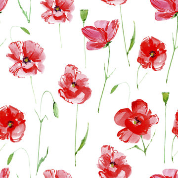 Poppy flowers.Floral seamless pattern.Watercolor hand drawn illustration.White background.Seamless pattern for fabric, paper and other printing and web projects.