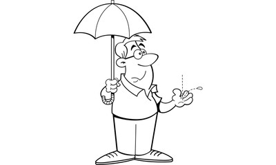 Black and white illustration of a man holding an umbrella.