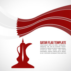 Qatar flag wave and "Dallah" coffee-pot monument symbols