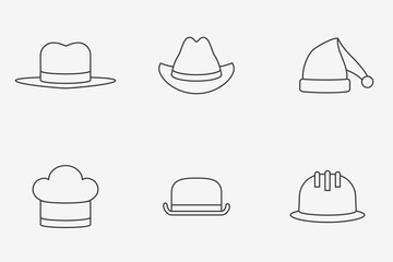 Set of hats monochrome line icons. Safety helmet, bowler, chef, gangster, cowboy and Santa Claus hats.