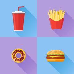 Set of fast food. Donut, hamburger, french fries and soda takeaway. Flat style vector illustration.