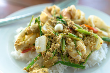 Thai stir fried curry seafood