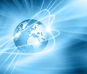 Best Internet Concept of global business. Globe, glowing lines on technological background. Electronics, Wi-Fi, rays, symbols Internet, television, mobile and satellite communications
