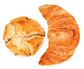 croissant and muffin isolated on white