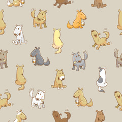 Seamless pattern with cartoon funny dogs on gray  background. Cute puppies. Vector image.