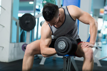 Fit Athlete Working Out Biceps - Dumbbell Concentration Curls