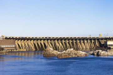 Dam hydroelectric power industry. Horizontal shot, topic - industrial objects.