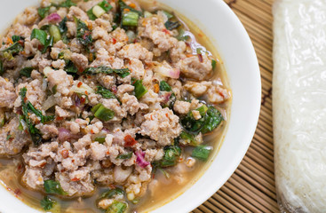 mince pork salad and sticky rice