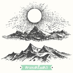 Sketch sunrise mountains engraving drawn vector