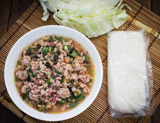 mince pork salad and sticky rice