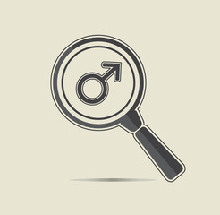 Male gender sign under a magnifiyng glass.  Conceptual Research icon. 
